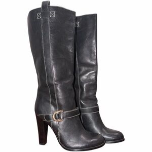 Ralph Lauren Leather Knee High Belt Buckle Heeled Boots